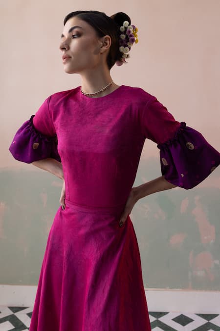 Buy_Taisha_Multi Color Silk Fringe Round Bandhani Buti Frill Lantern Sleeves High Low Gown _Online_at_Aza_Fashions