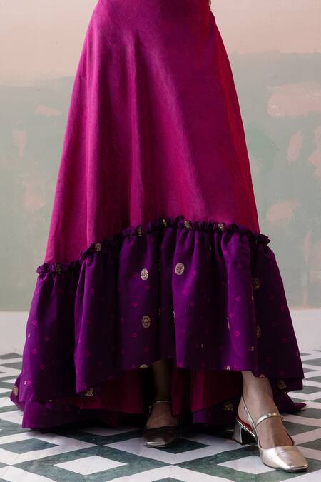 Shop_Taisha_Multi Color Silk Fringe Round Bandhani Buti Frill Lantern Sleeves High Low Gown _Online_at_Aza_Fashions