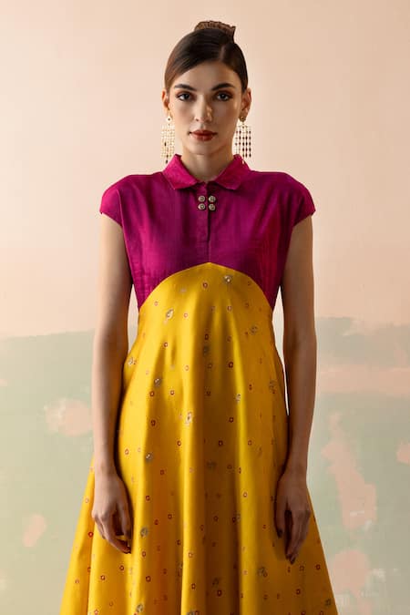 Taisha_Multi Color Silk, Tissue Bandhani Buti Frill Lantern Sleeves High Low Gown _Online_at_Aza_Fashions