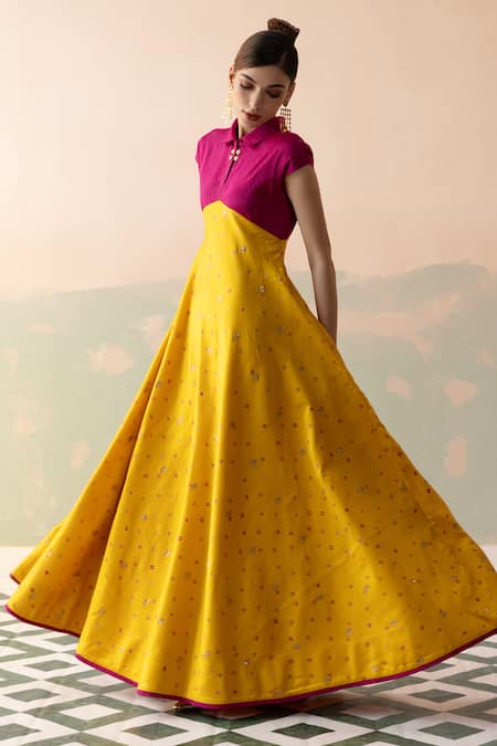 Shop_Taisha_Multi Color Silk, Tissue Bandhani Buti Frill Lantern Sleeves High Low Gown _Online_at_Aza_Fashions