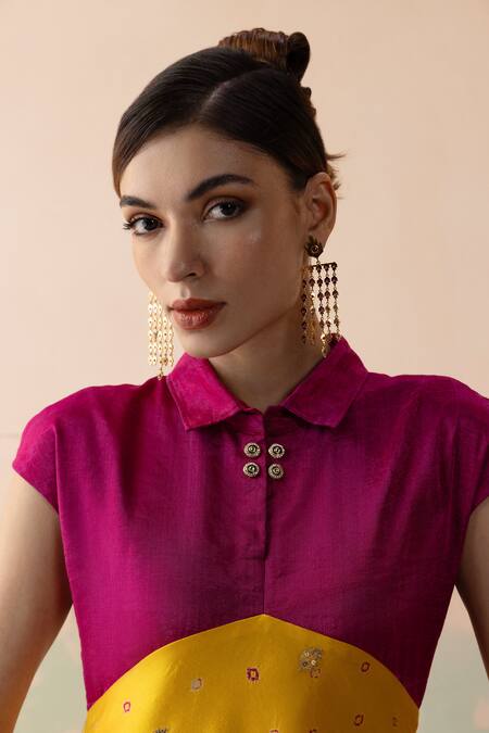 Taisha_Multi Color Silk, Tissue Bandhani Buti Frill Lantern Sleeves High Low Gown _at_Aza_Fashions