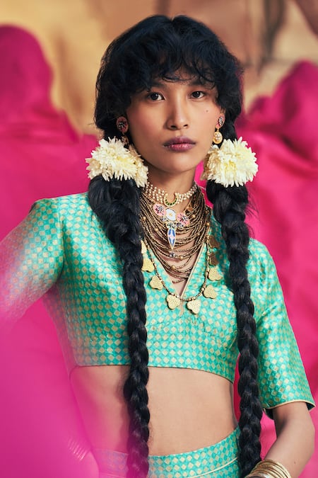 Taisha_Green Silk Embroidery V-neck Fekua Prism Cut Work Bridal Lehenga And Blouse Set _Online_at_Aza_Fashions