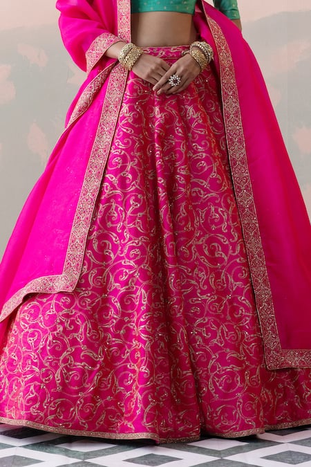 Taisha_Pink , Organza Embroidery Round Vine Gardenia Jaal Bridal Lehenga Set _Online_at_Aza_Fashions