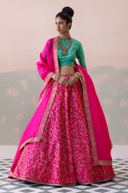 Buy_Taisha_Pink , Organza Embroidery Round Vine Gardenia Jaal Bridal Lehenga Set _Online_at_Aza_Fashions