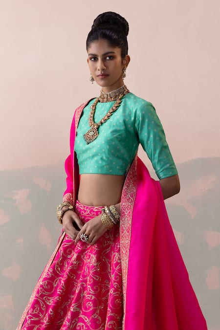 Shop_Taisha_Pink , Organza Embroidery Round Vine Gardenia Jaal Bridal Lehenga Set _Online_at_Aza_Fashions