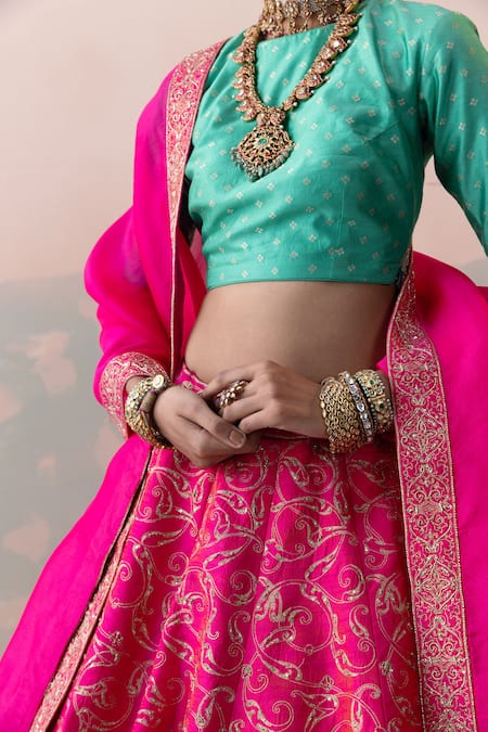 Taisha_Pink , Organza Embroidery Round Vine Gardenia Jaal Bridal Lehenga Set _at_Aza_Fashions