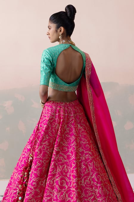 Buy_Taisha_Pink , Organza Embroidery Round Vine Gardenia Jaal Bridal Lehenga Set 