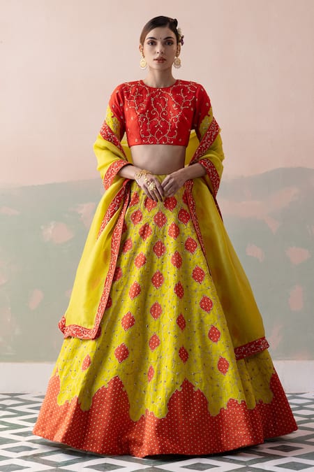 Turmeric Yellow Embroidered Velvet Bridal Wear Lehenga LLCV117439