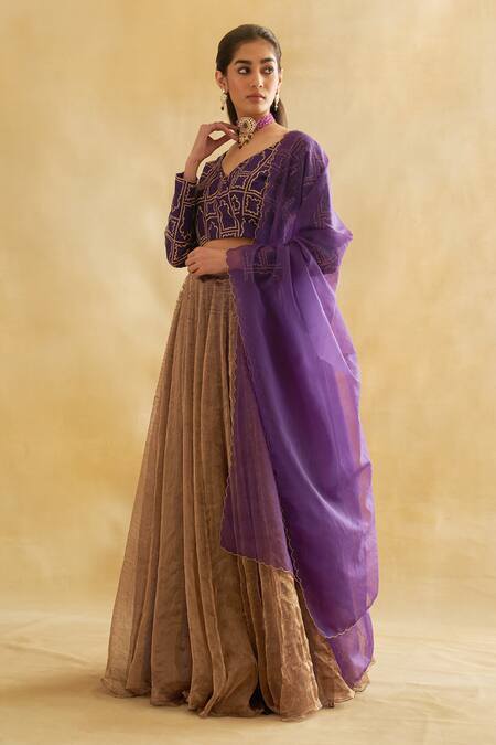 Shop_Taisha_Purple , , Tissue, Mughal Mahal Blouse Lehenga Set _Online_at_Aza_Fashions