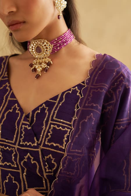 Taisha_Purple , , Tissue, Mughal Mahal Blouse Lehenga Set _at_Aza_Fashions