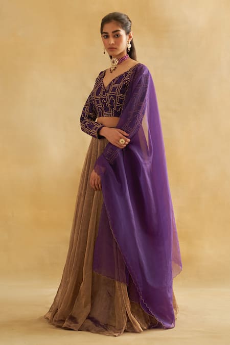 Shop_Taisha_Purple , , Tissue, Mughal Mahal Blouse Lehenga Set 