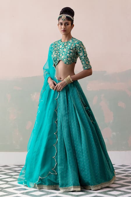 Buy Taisha Green , Mohair, Organza Zari, Tulip Bloom Blouse Lehenga Set Online at Aza Fashions Buy_Taisha_Green , Mohair, Organza Zari, Tulip Bloom Blouse Lehenga Set _Online_at_Aza_Fashions
