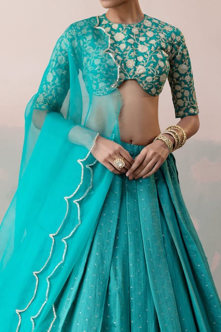 Shop Taisha Green , Mohair, Organza Zari, Tulip Bloom Blouse Lehenga Set Online at Aza Fashions Shop_Taisha_Green , Mohair, Organza Zari, Tulip Bloom Blouse Lehenga Set _Online_at_Aza_Fashions