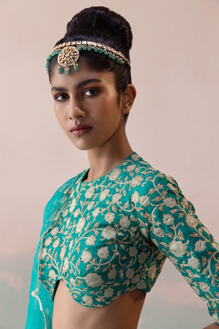 Taisha Green , Mohair, Organza Zari, Tulip Bloom Blouse Lehenga Set at Aza Fashions Taisha_Green , Mohair, Organza Zari, Tulip Bloom Blouse Lehenga Set _at_Aza_Fashions