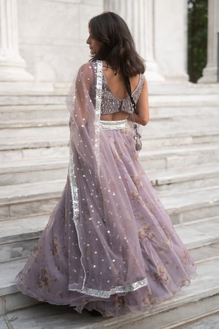 Shop_Gopi Vaid_Purple Blouse Cotton Silk Lehenga Organza Dupatta Net V Neck Set _at_Aza_Fashions