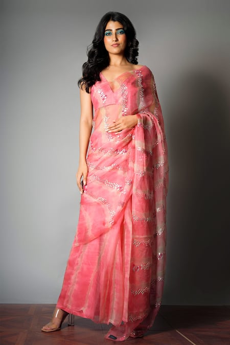 SAKSHAM & NEHARICKA Pink Silk Organza Saree With Blouse Fabric 