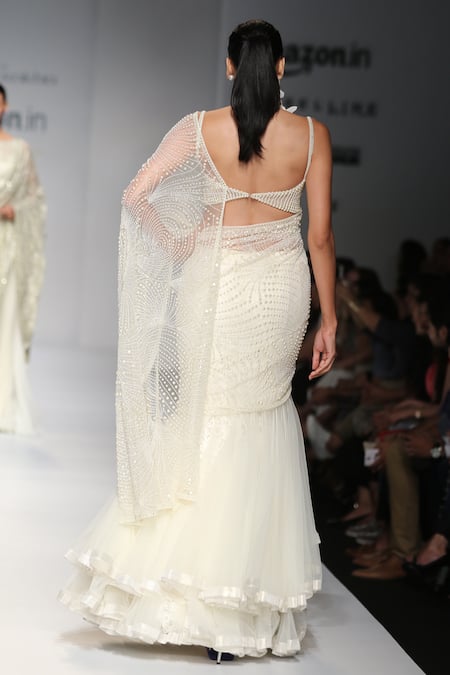 Shop_Rabani & Rakha_White Net Sweetheart Neck Pearl Draped Lehenga Saree Set _at_Aza_Fashions