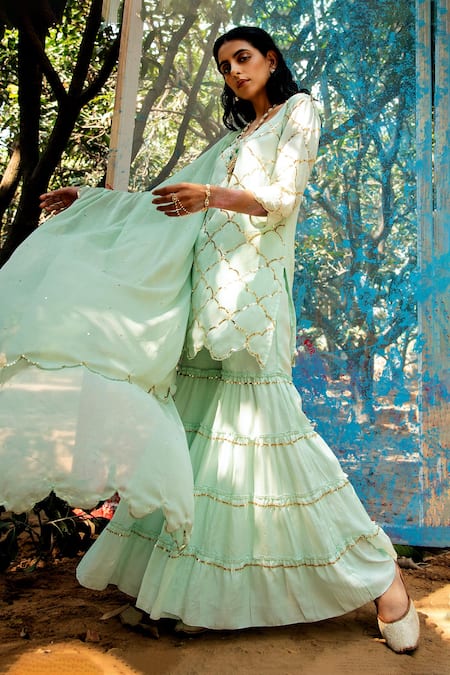 Shop Gulaal Green Muslin, Silk, Chiffon Sequins Round Embroidered Short Kurta Sharara Set at Aza Fashions Shop_Gulaal_Green Muslin, Silk, Chiffon Sequins Round Embroidered Short Kurta Sharara Set _at_Aza_Fashions