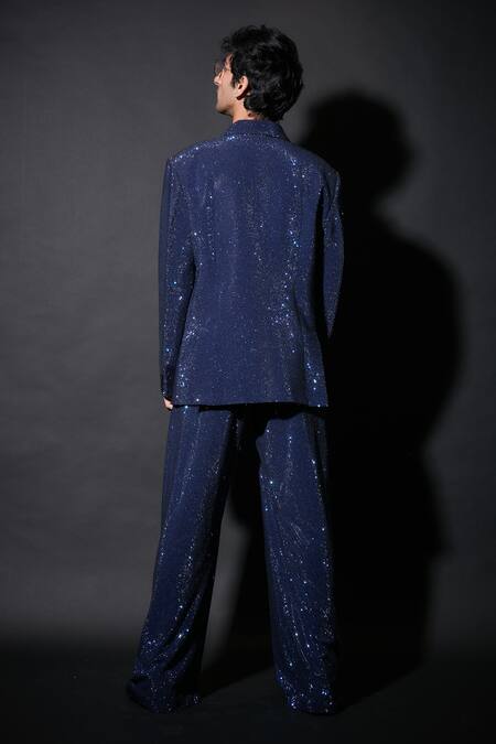 Shop_Itrh_Blue Polyester Crystals, Sequins Taliesin Blazer And Pant Set _at_Aza_Fashions