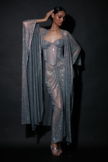 Itrh Frozen Fly Crystal Work Cape & Ruched Skirt Set 