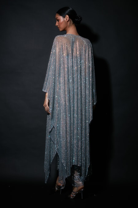 Shop Itrh Grey Net Embellished Crystal Open Frozen Fly Work Cape And Ruched Skirt Set at Aza Fashions Shop_Itrh_Grey Net Embellished Crystal Open Frozen Fly Work Cape And Ruched Skirt Set _at_Aza_Fashions