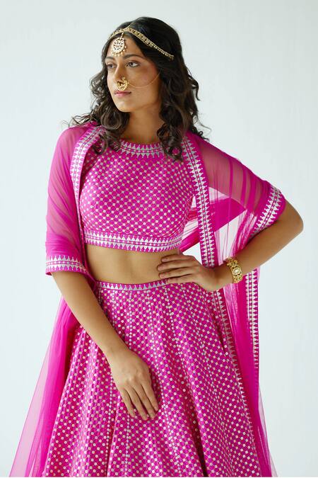 Buy Priyal Prakash Magenta Silk, Net Sequins, Zari Round Checkered Embroidered Bridal Lehenga Set Online at Aza Fashions Buy_Priyal Prakash_Magenta Silk, Net Sequins, Zari Round Checkered Embroidered Bridal Lehenga Set _Online_at_Aza_Fashions