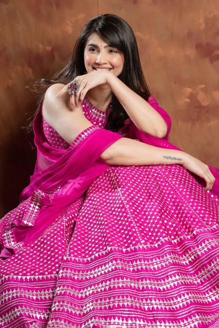 Buy Priyal Prakash Magenta Silk, Net Sequins, Zari Round Checkered Embroidered Bridal Lehenga Set Buy_Priyal Prakash_Magenta Silk, Net Sequins, Zari Round Checkered Embroidered Bridal Lehenga Set