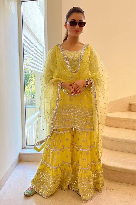 Gopi Vaid_Yellow Net, Cotton Silk Round Embroidered Kurta Set_at_Aza_Fashions