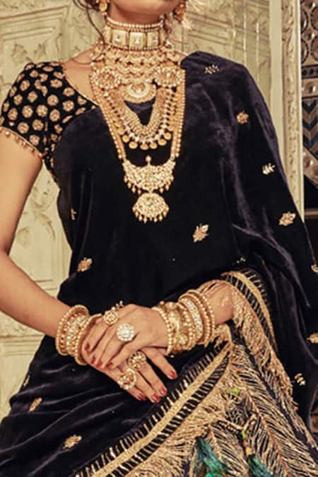 Archana Kochhar_Blue Velvet Kasab Round Neckline Peacock Embroidered Bridal Lehenga Set _Online_at_Aza_Fashions