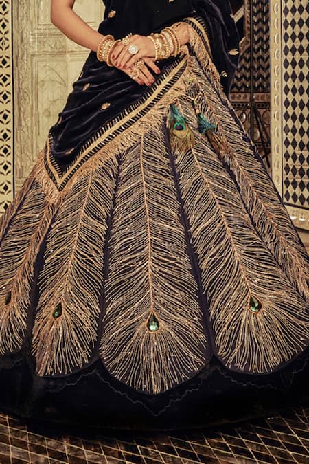 Buy_Archana Kochhar_Blue Velvet Kasab Round Neckline Peacock Embroidered Bridal Lehenga Set _Online_at_Aza_Fashions