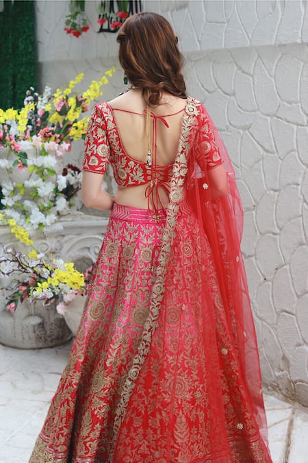 Shop_Archana Kochhar_Red Lehenga And Blouse Raw Silk Dupatta Net Kasab Ombre Floral Bridal Set _at_Aza_Fashions