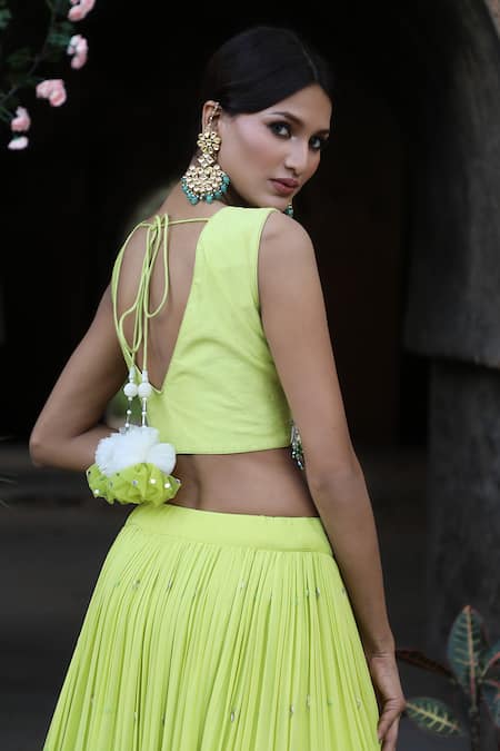 Shop_Nitisha Kashyap Official_Green Georgette, Net, Silk Beads, Mirrors, Zari Embroidered Tiered Lehenga Set _at_Aza_Fashions