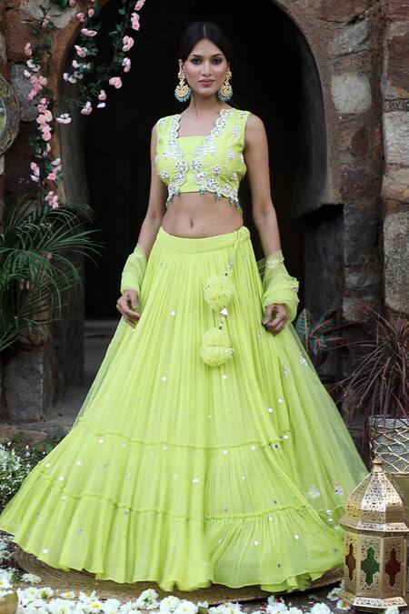 Buy_Nitisha Kashyap Official_Green Georgette, Net, Silk Beads, Mirrors, Zari Embroidered Tiered Lehenga Set _Online_at_Aza_Fashions