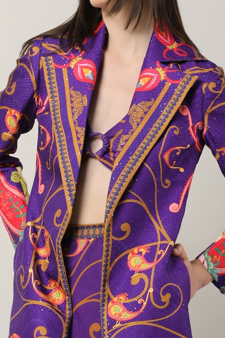 Limerick By Abirr N' Nanki_Multi Color Sheeted Satin Blend Printed Paisley Labisa Jacket  _at_Aza_Fashions
