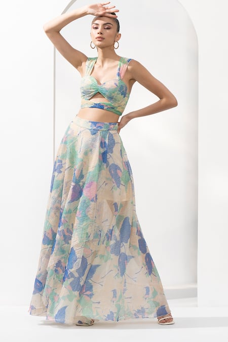 Mandira Wirk Green Mesh Lurex Printed Abstract Sweetheart Neck Crop Top And Skirt Co-ord Set