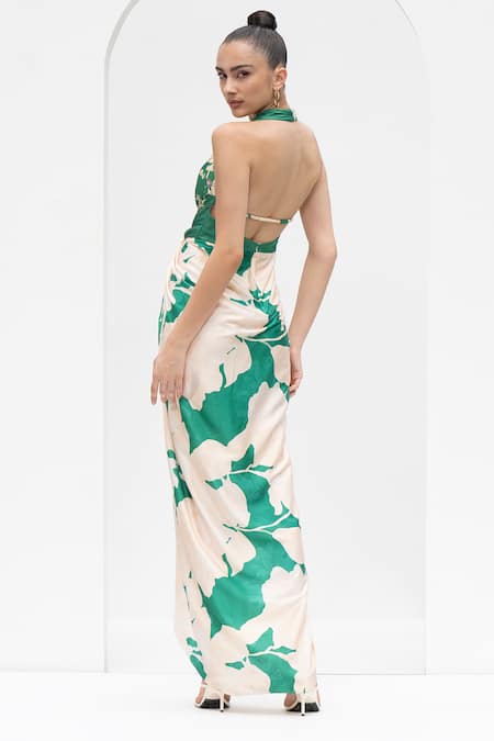 Mandira Wirk Resort_Green Satin Halter Neck Floral Print Dress _Online_at_Aza_Fashions