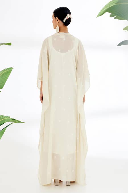 Shop Nikasha Cream Handwoven Jamdani Cotton Deep V Neck Hand Kaftan at Aza Fashions Shop_Nikasha_Cream Handwoven Jamdani Cotton Deep V Neck Hand Kaftan _at_Aza_Fashions