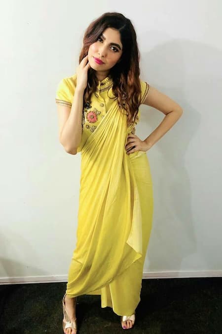 Shop Merge Design Yellow Modal Satin, Lining Crepe Floral, Dhoti Saree With Embroidered Jacket at Aza Fashions Shop_Merge Design_Yellow Modal Satin, Lining Crepe Floral, Dhoti Saree With Embroidered Jacket _at_Aza_Fashions