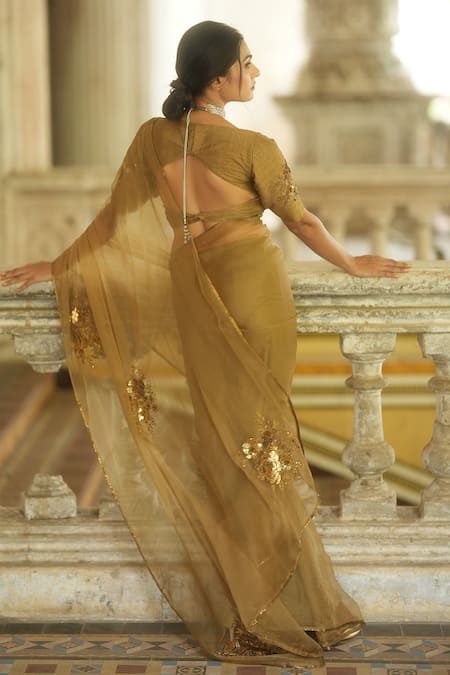 Shop_Peeli Dori_Gold Saree  Silk Organza Embroidered Hand Round Set _at_Aza_Fashions