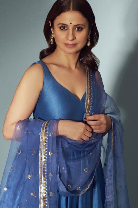 Priyal Prakash_Blue Chanderi, Cotton, Organza Embroidery, Zari, Anarkali Set With Dupatta _at_Aza_Fashions