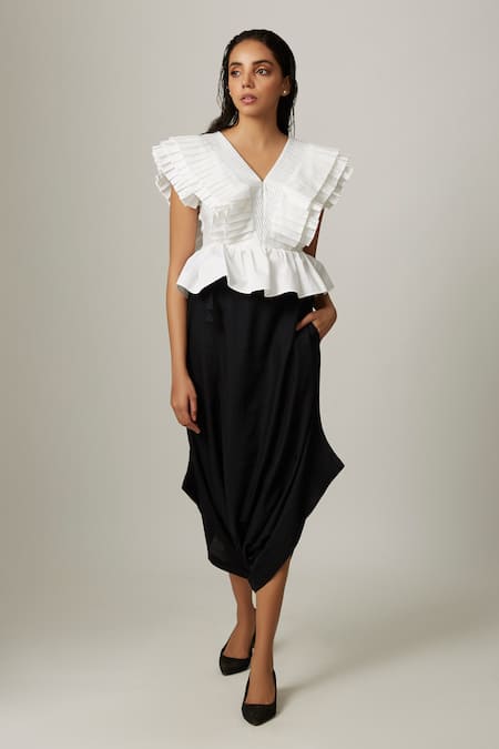 Escape By Aishwarya White Cotton Satin Embroidery V-neck Pleated Drama Peplum Top 