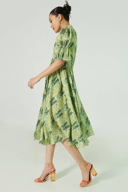 Ekastories_Green Cotton V-neck Geometric Print Dress_Online_at_Aza_Fashions