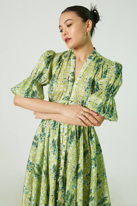 Buy_Ekastories_Green Cotton V-neck Geometric Print Dress_Online_at_Aza_Fashions