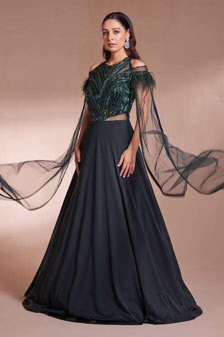 Chaashni By Maansi And Ketan_Green Lycra Cut Work Round Neck Cutdan Embroidered Flared Gown_Online_at_Aza_Fashions