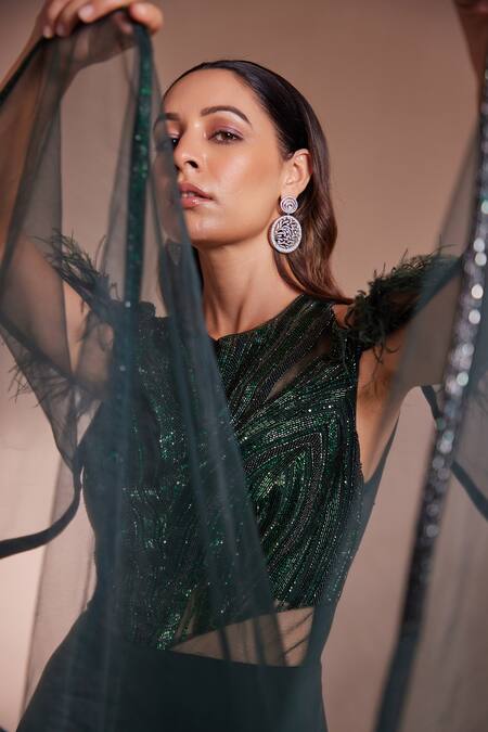 Buy_Chaashni By Maansi And Ketan_Green Lycra Cut Work Round Neck Cutdan Embroidered Flared Gown_Online_at_Aza_Fashions