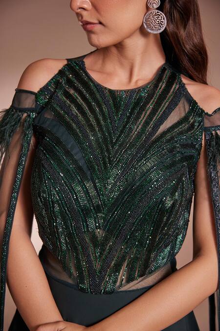 Shop_Chaashni By Maansi And Ketan_Green Lycra Cut Work Round Neck Cutdan Embroidered Flared Gown_Online_at_Aza_Fashions