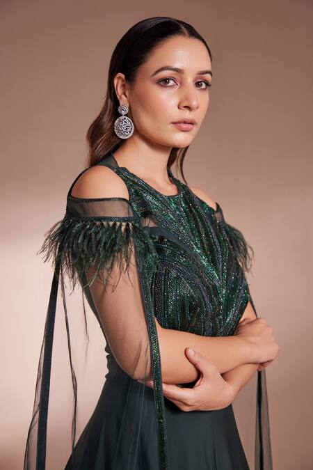 Chaashni By Maansi And Ketan_Green Lycra Cut Work Round Neck Cutdan Embroidered Flared Gown_at_Aza_Fashions