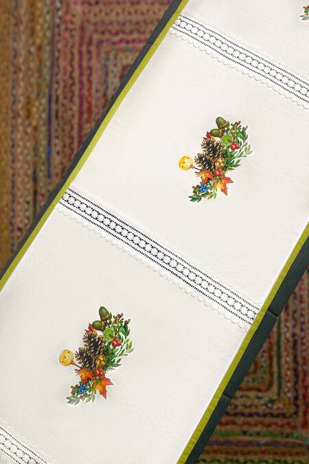 DE Chevalerie EN Rouge_Off White Organic Cotton Digital Printed Christmas Noel Table Runner_Online_at_Aza_Fashions