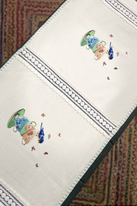 Buy_DE Chevalerie EN Rouge_Off White Organic Cotton Digital Printed Tea Dessert Table Runner_Online_at_Aza_Fashions