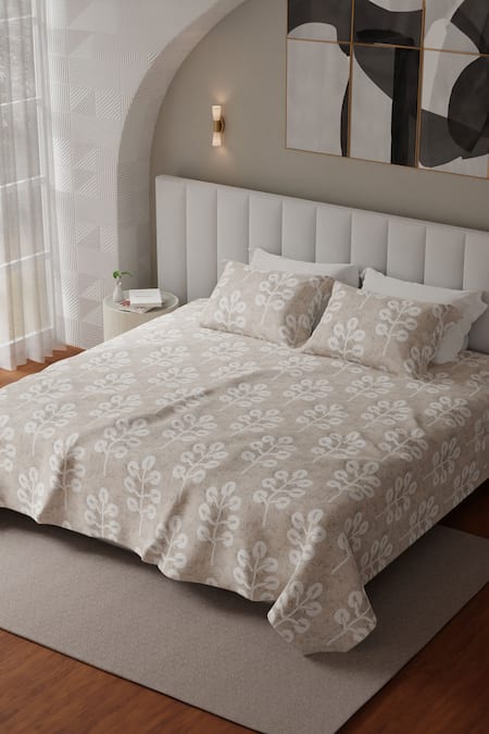 Houmn Brown Cotton Leaf Purity Print Bedsheet Set 